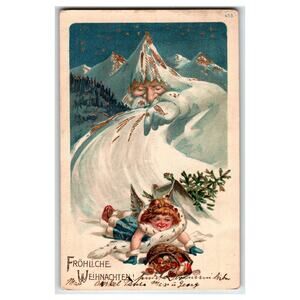 Vintage German Christmas Postcard with Snow Mountain Spirit Hand Out and Cherub